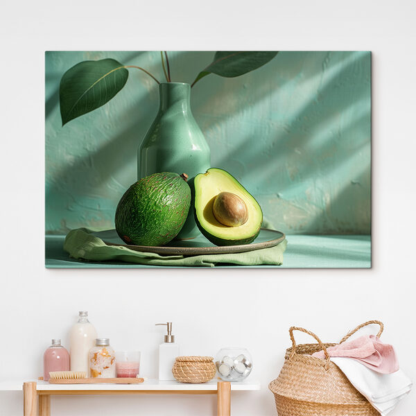 Quadri Un piatto con sopra un avocado e un vaso