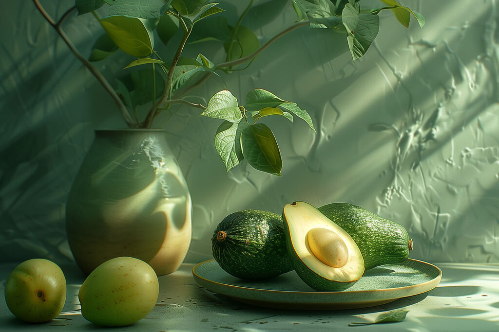 A plate of avocados and a vase of fruit