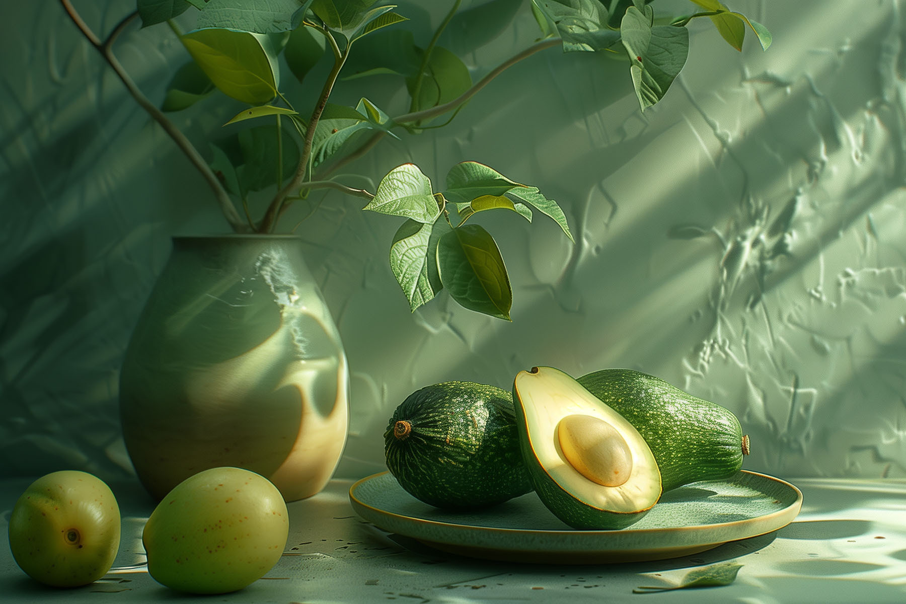 A plate of avocados and a vase of fruit