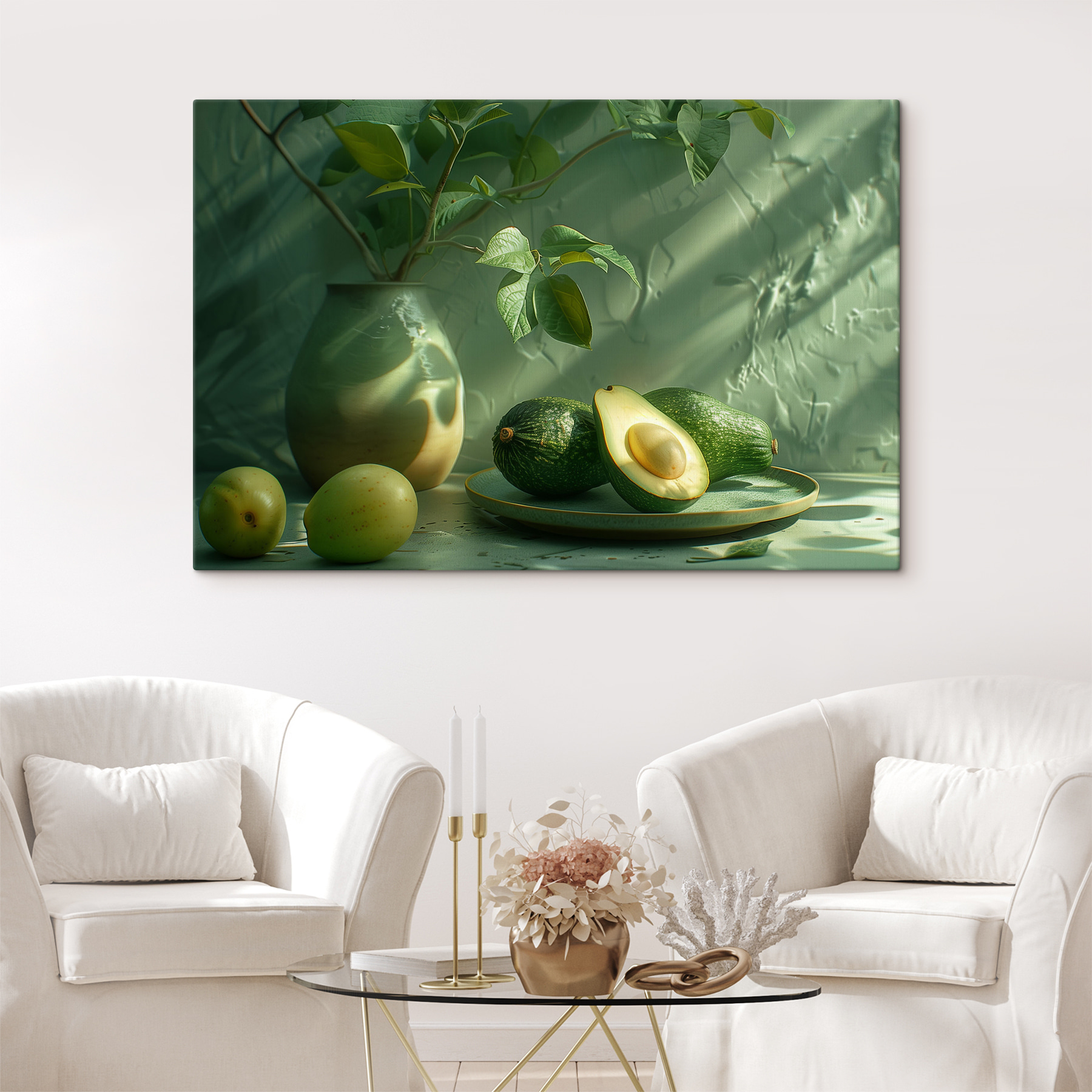 A plate of avocados and a vase of fruit