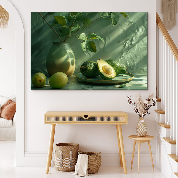 A plate of avocados and a vase of fruit