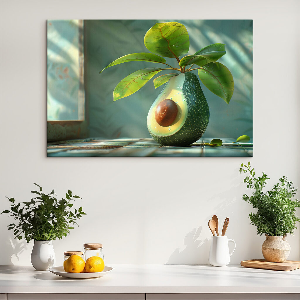 A avocado cut in half with a plant growing out of it