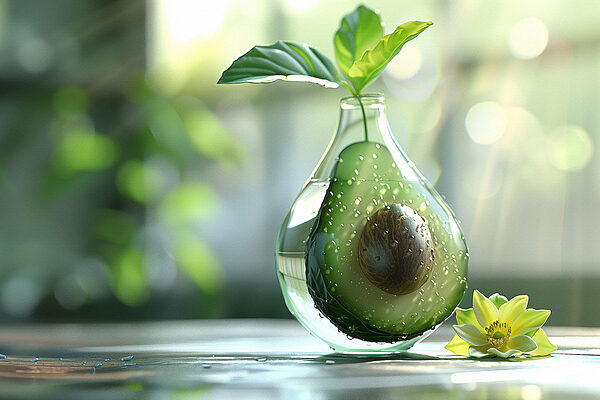 A glass vase with a cut avocado inside A glass vase with a cut avocado inside