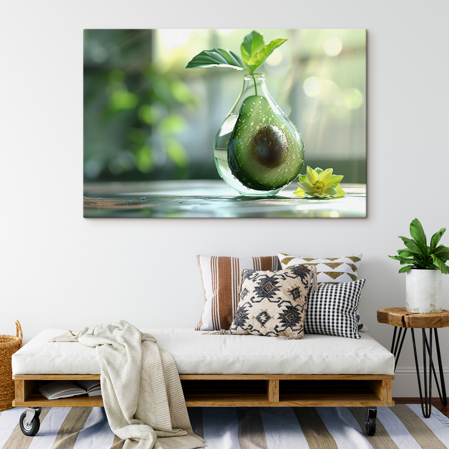 A glass vase with a cut avocado inside A glass vase with a cut avocado inside