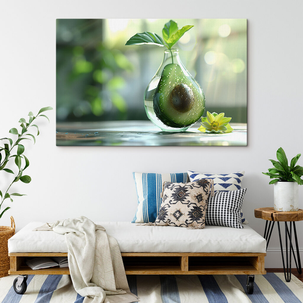 A glass vase with a cut avocado inside A glass vase with a cut avocado inside