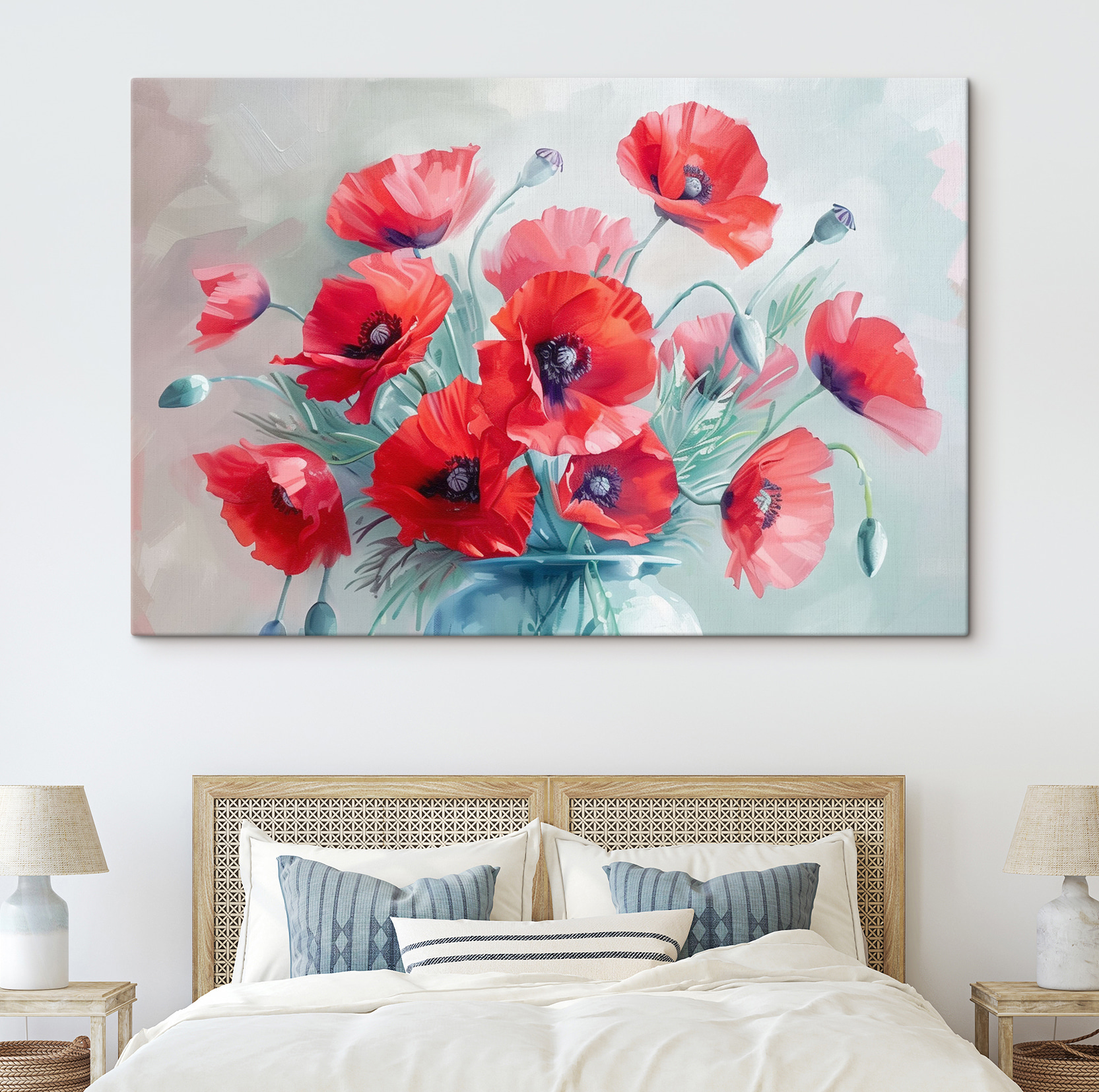 A painting of red flowers in a vase
