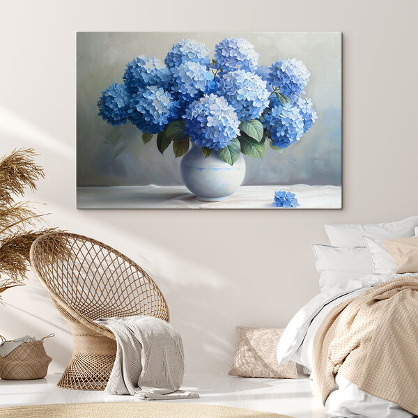 Quadri Un dipinto raffigurante dei fiori blu in un vaso
