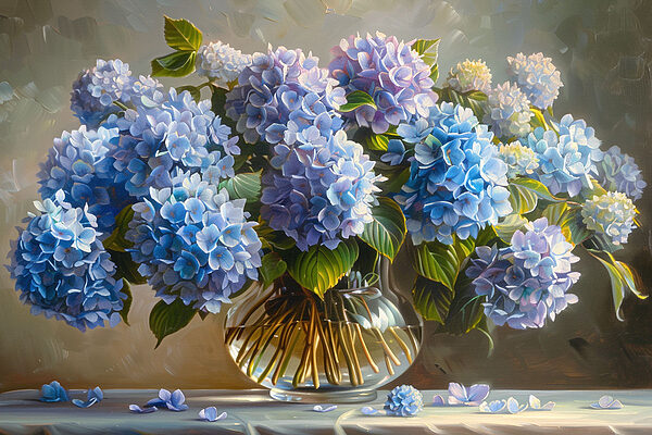 A painting of blue flowers in a glass vase