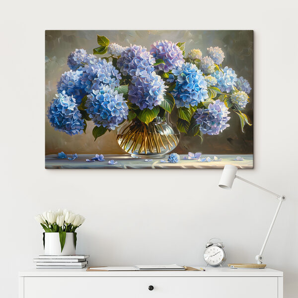 Quadri Un dipinto raffigurante fiori blu in un vaso di vetro