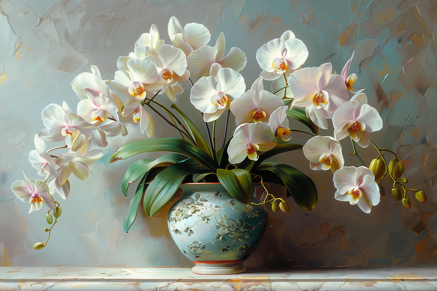 A white flowers in a blue vase
