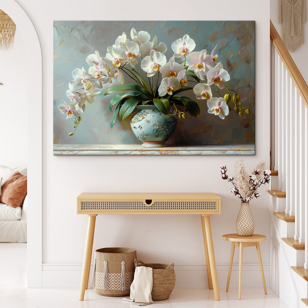 A white flowers in a blue vase