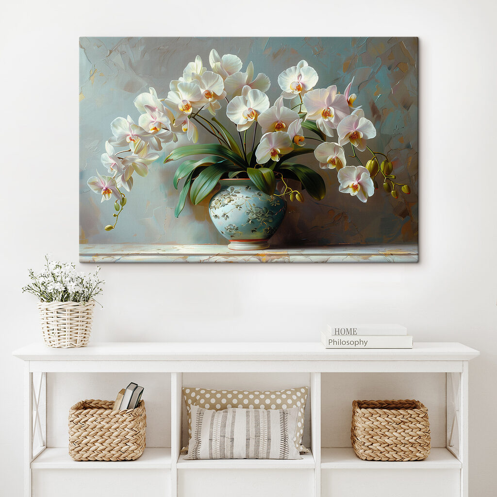 A white flowers in a blue vase