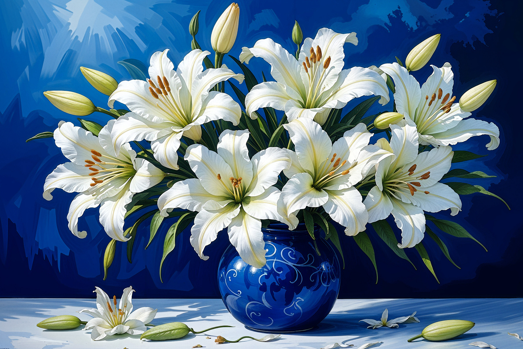 A white flowers in a blue vase