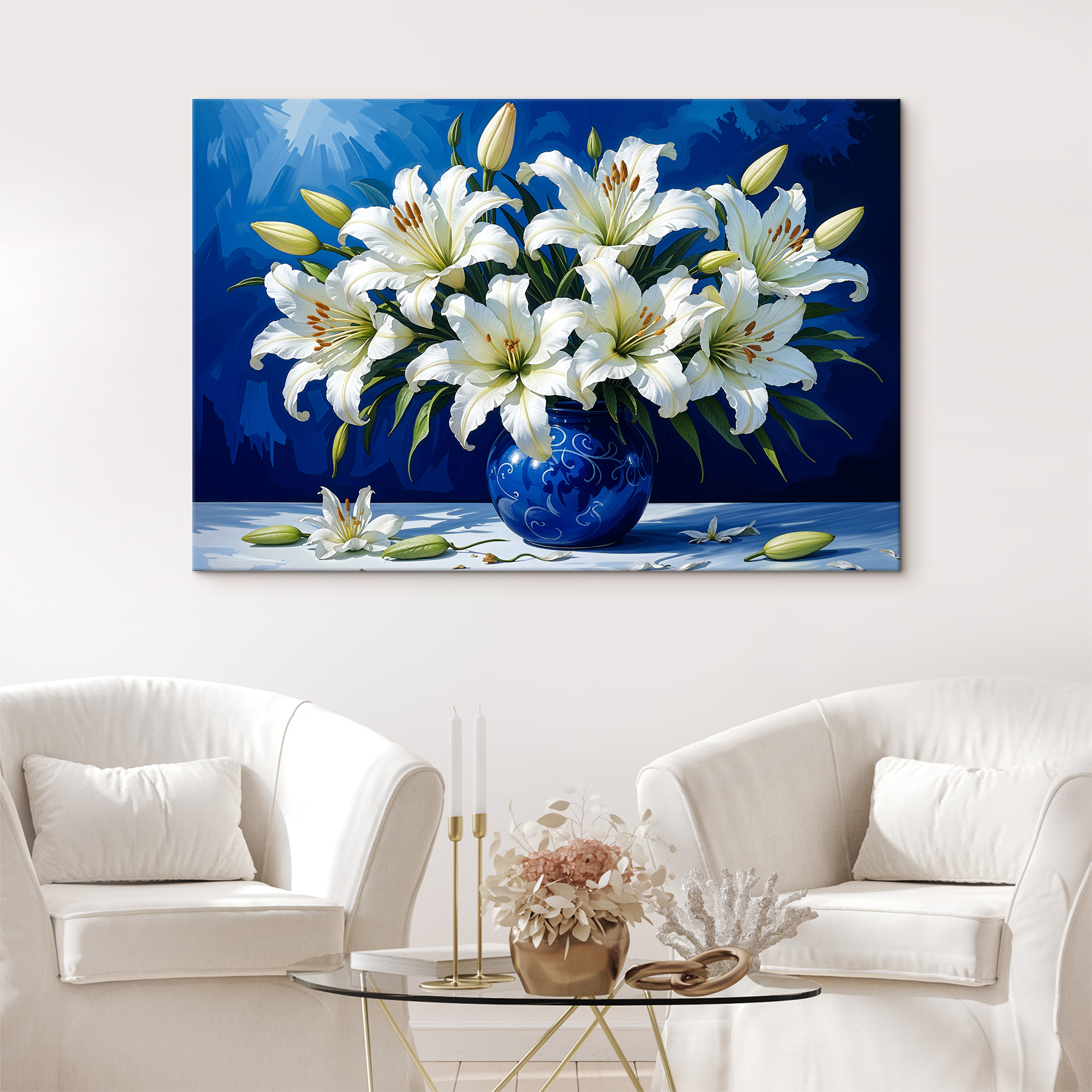 A white flowers in a blue vase