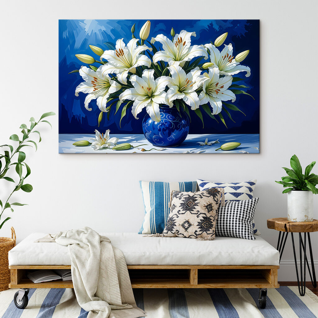 A white flowers in a blue vase