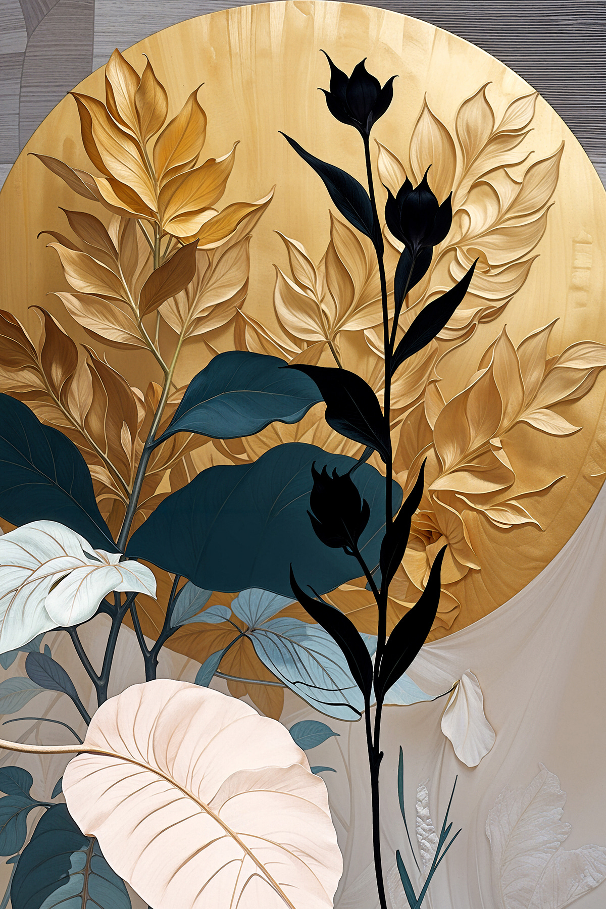 A painting of a plant with leaves and flowers A painting of a plant with leaves and flowers