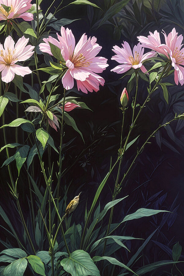 A painting of pink flowers