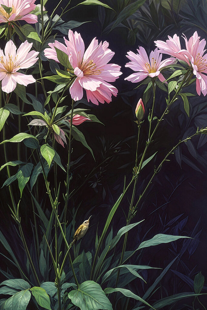 A painting of pink flowers