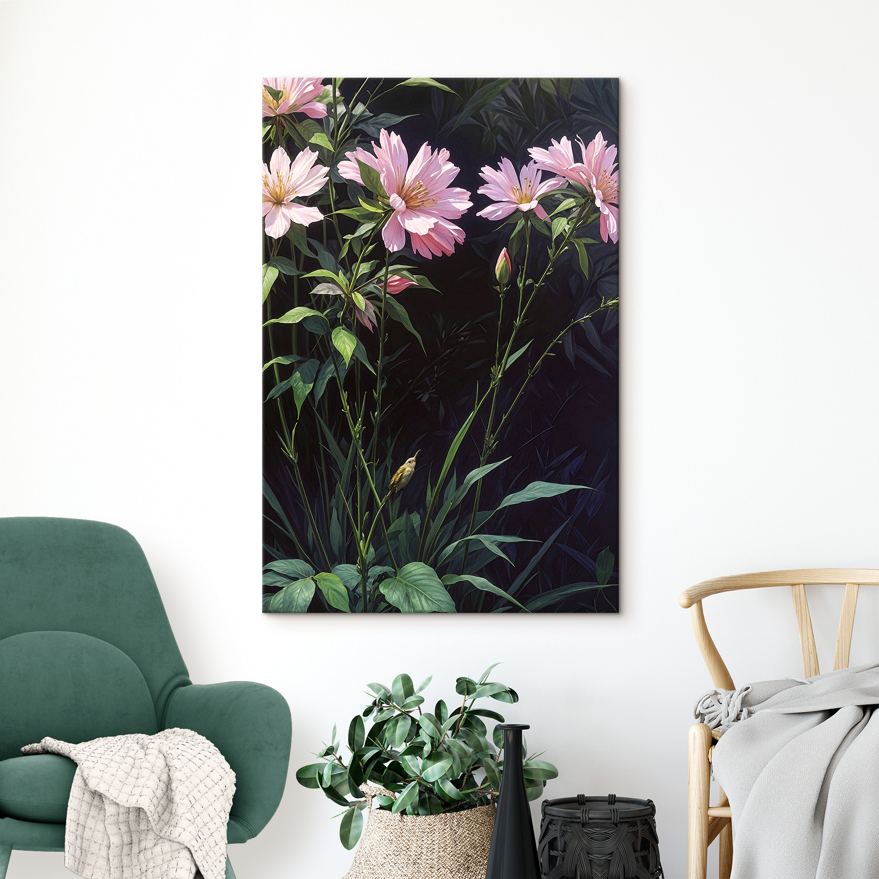A painting of pink flowers