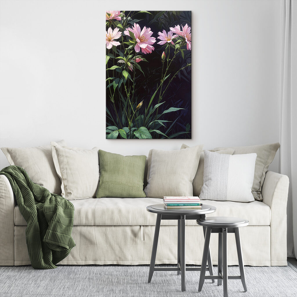 A painting of pink flowers