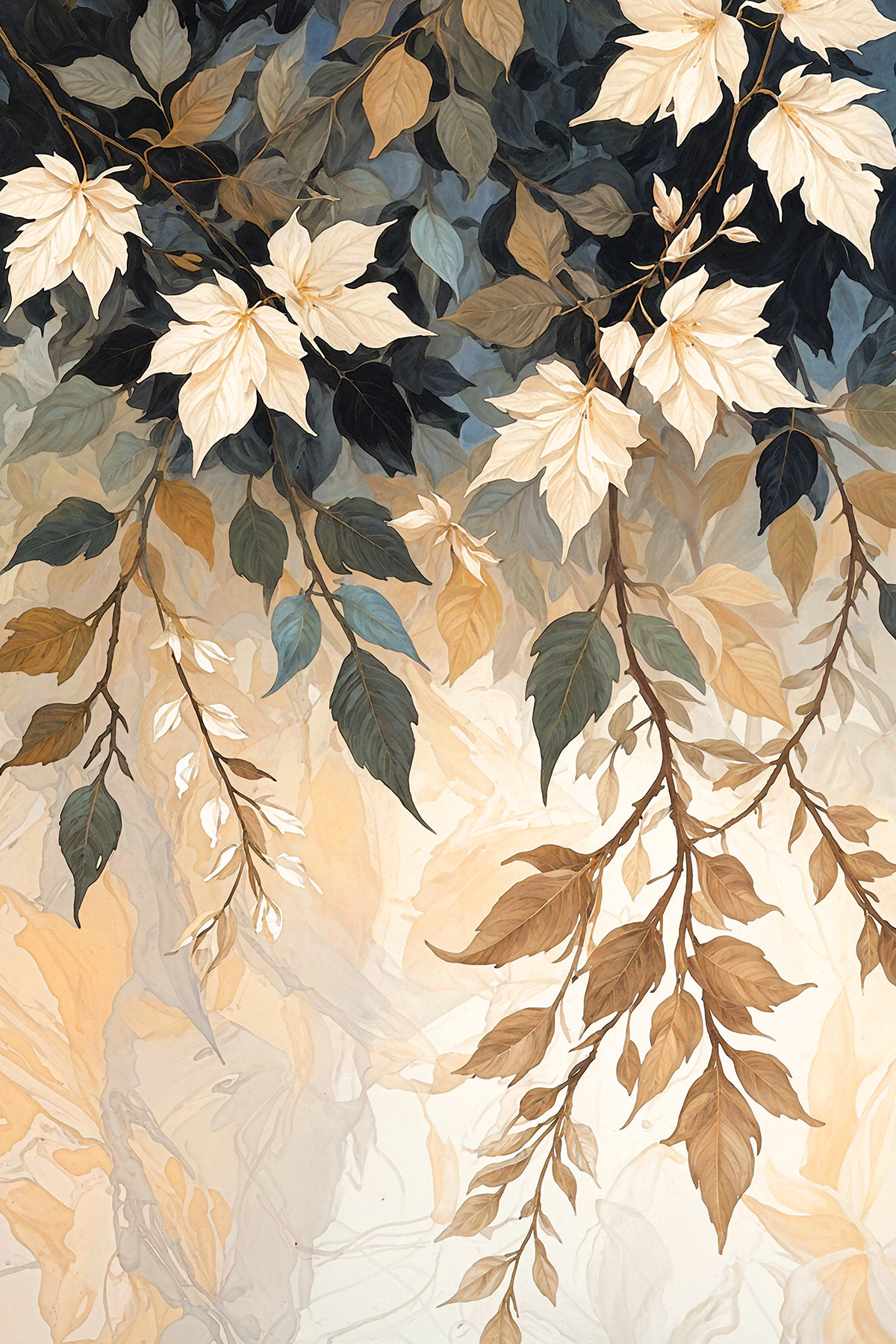 A painting of leaves on a branch A painting of leaves on a branch