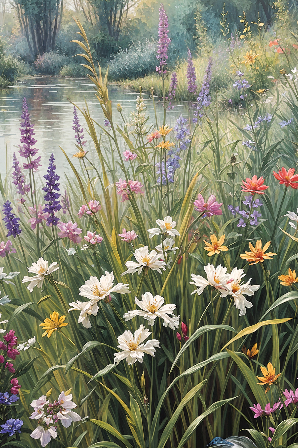 A painting of flowers by a river