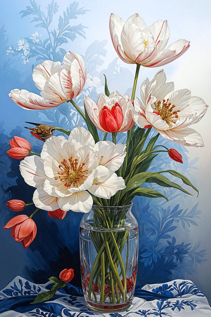 A vase of flowers with a bird on it