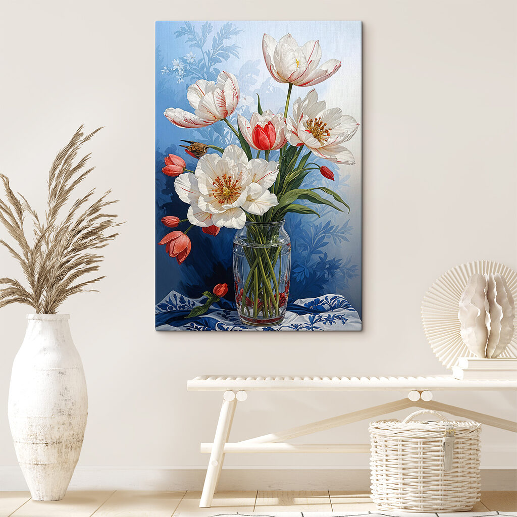 A vase of flowers with a bird on it