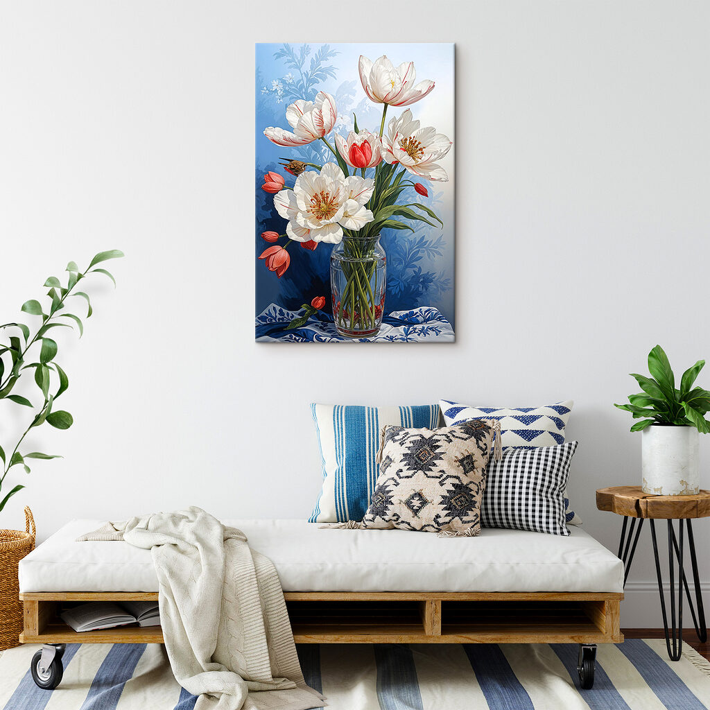 A vase of flowers with a bird on it