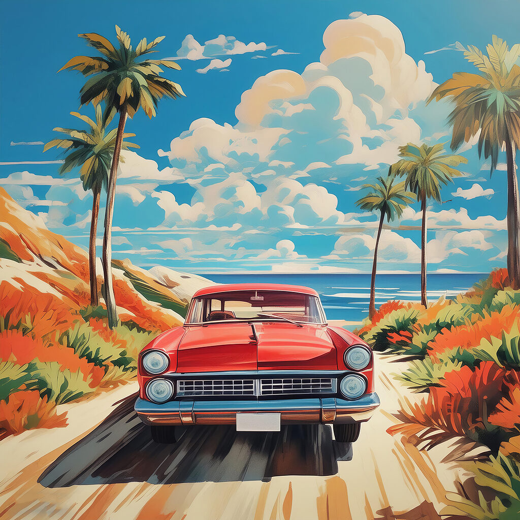 A car on a dirt road with palm trees and a beach A car on a dirt road with palm trees and a beach