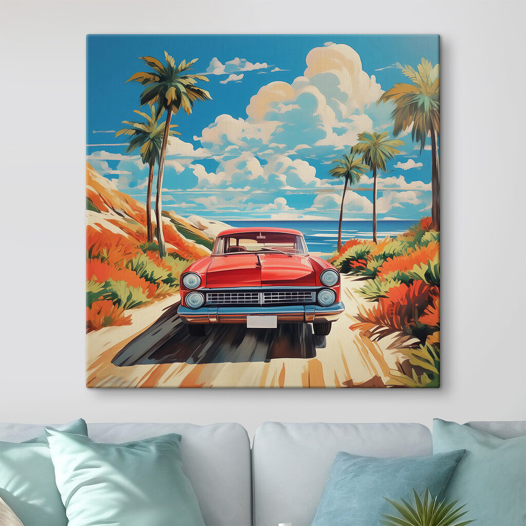 A car on a dirt road with palm trees and a beach A car on a dirt road with palm trees and a beach