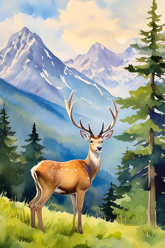 A watercolor of a deer in a forest A watercolor of a deer in a forest