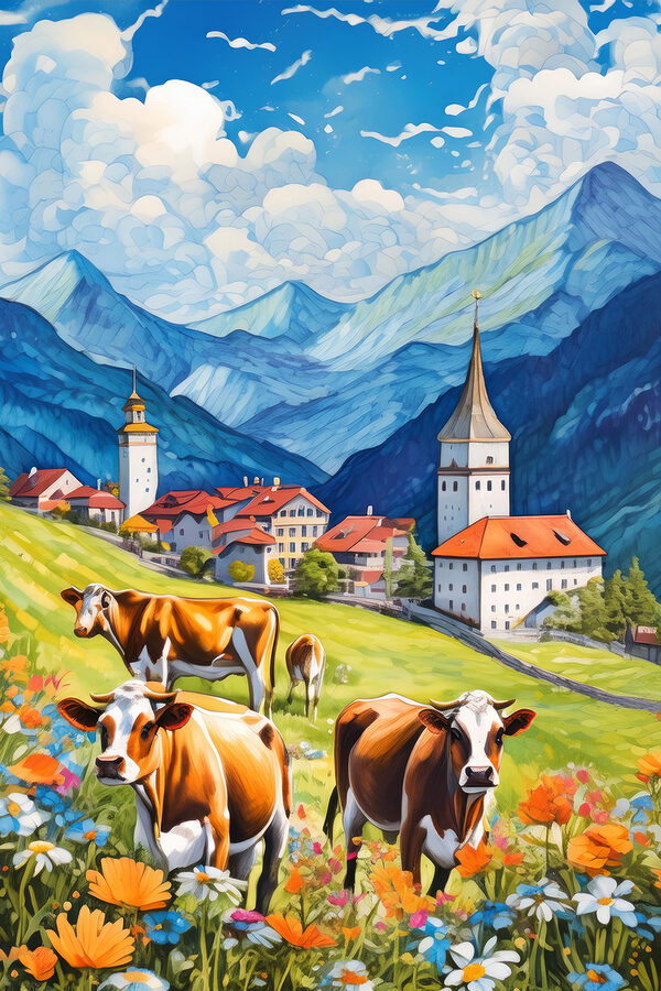 Cows in a field with mountains and flowers Cows in a field with mountains and flowers