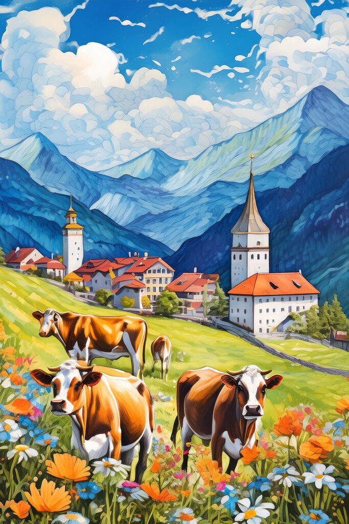 Cows in a field with mountains and flowers Cows in a field with mountains and flowers