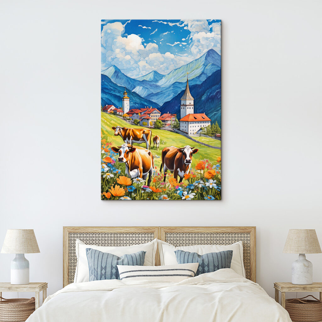 Cows in a field with mountains and flowers Cows in a field with mountains and flowers