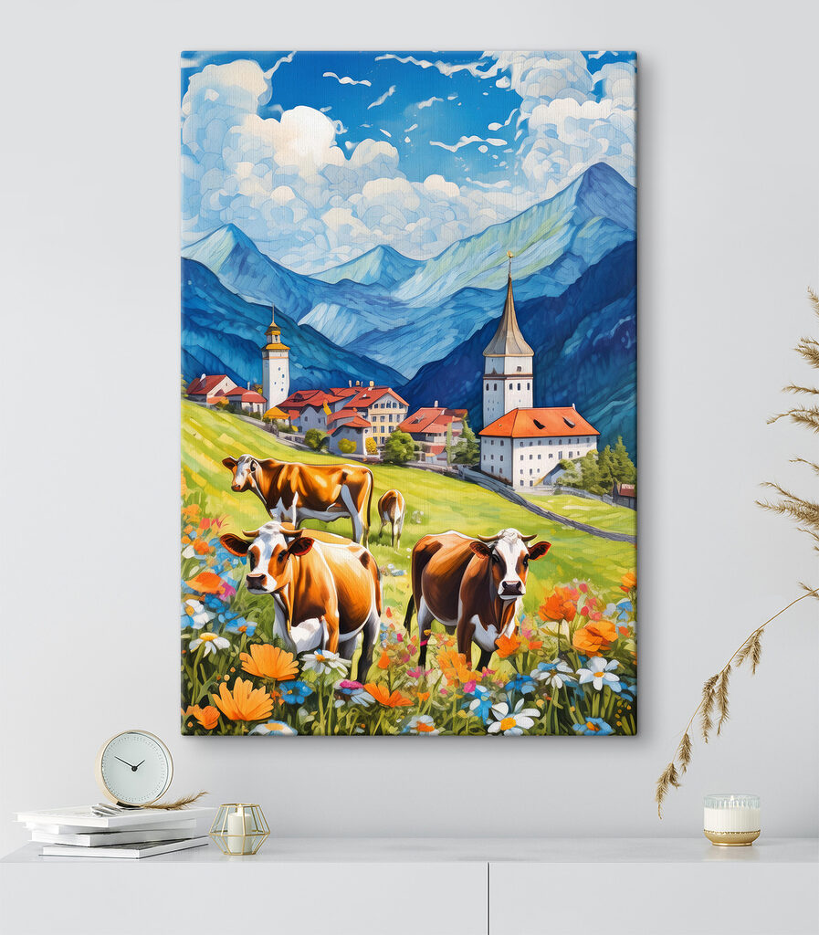 Cows in a field with mountains and flowers Cows in a field with mountains and flowers