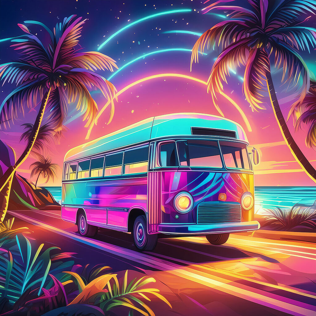 A bus on a road with palm trees and a sunset A bus on a road with palm trees and a sunset