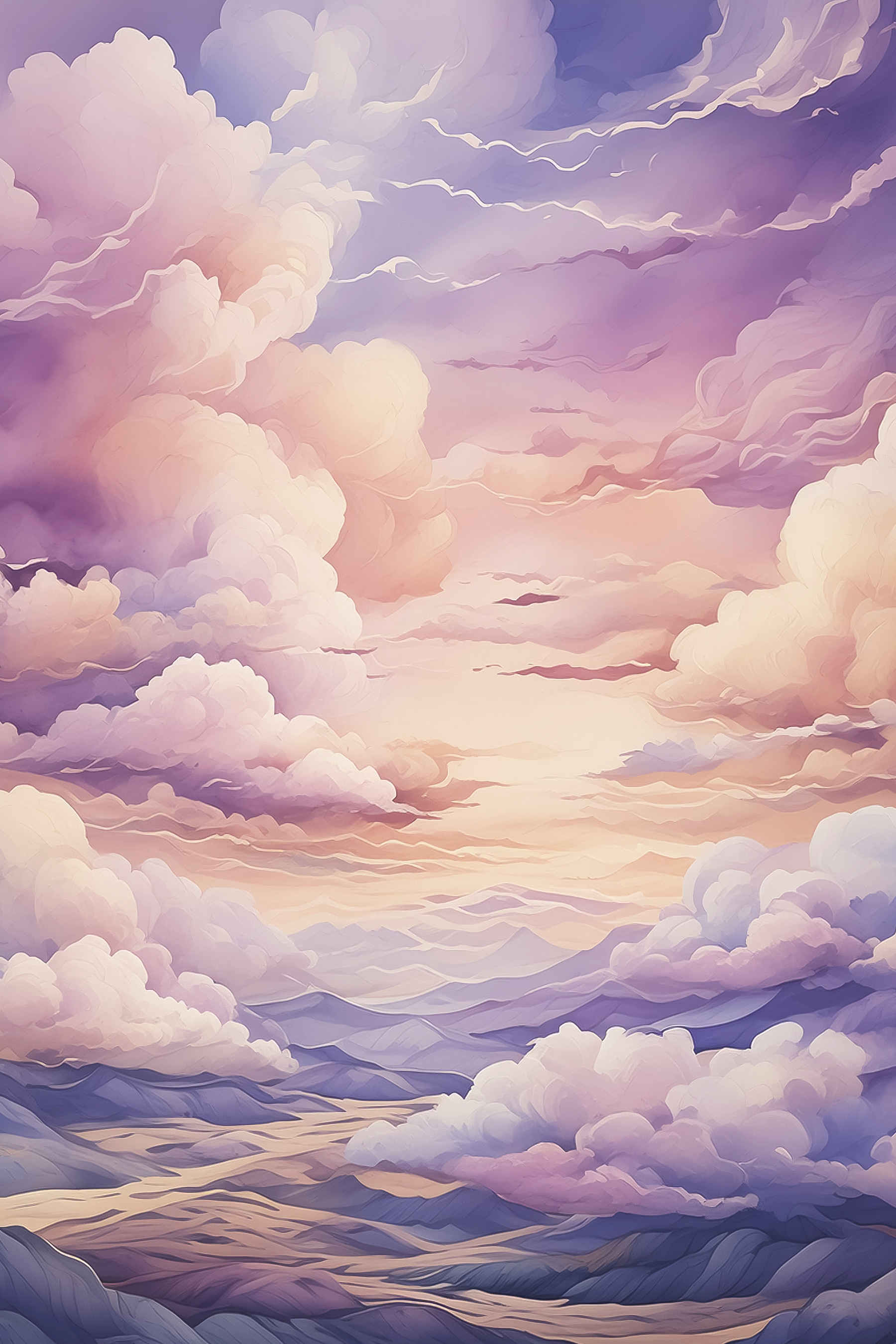 A painting of clouds and mountains
