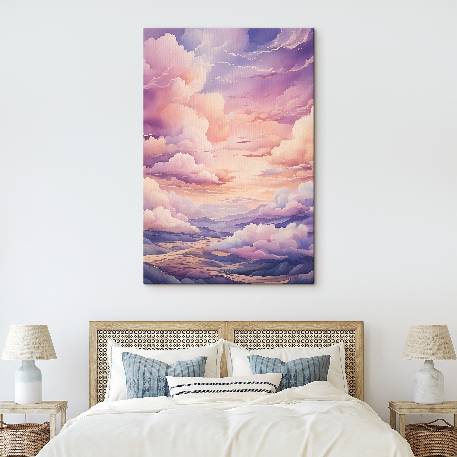 A painting of clouds and mountains