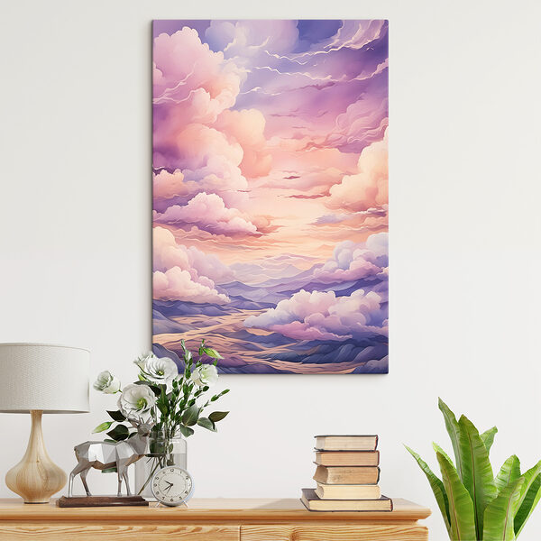 A painting of clouds and mountains