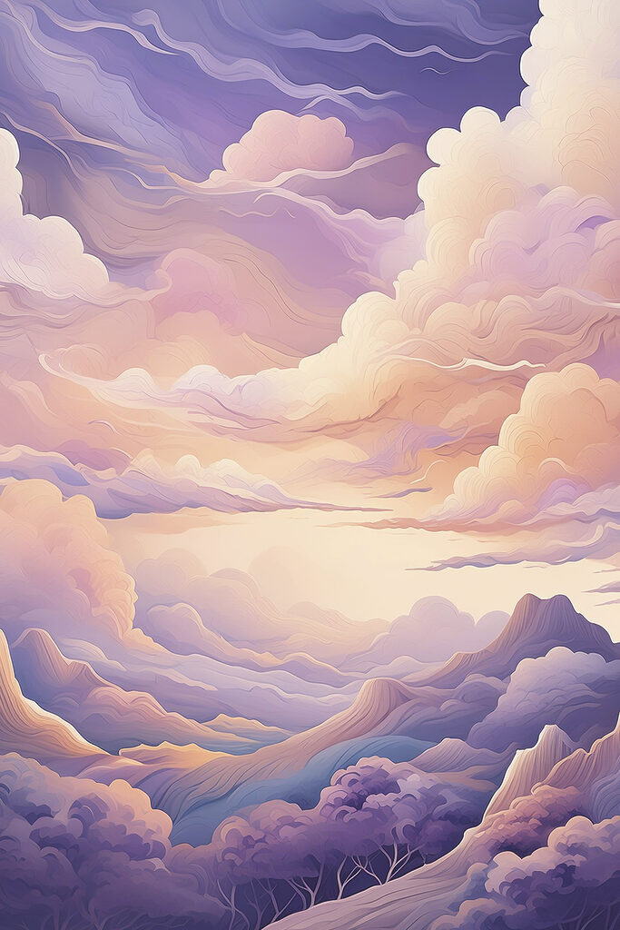 A painting of clouds and mountains