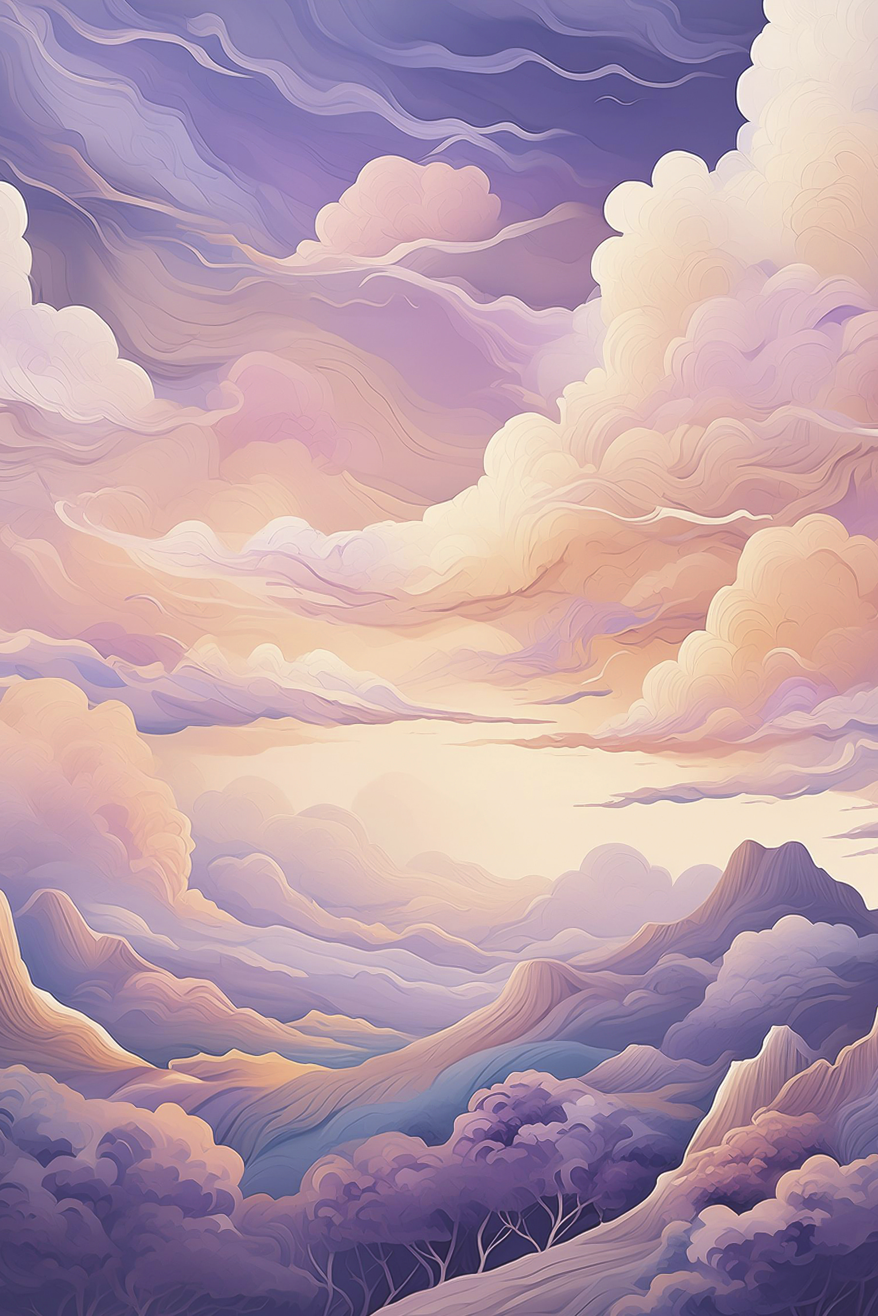 A painting of clouds and mountains