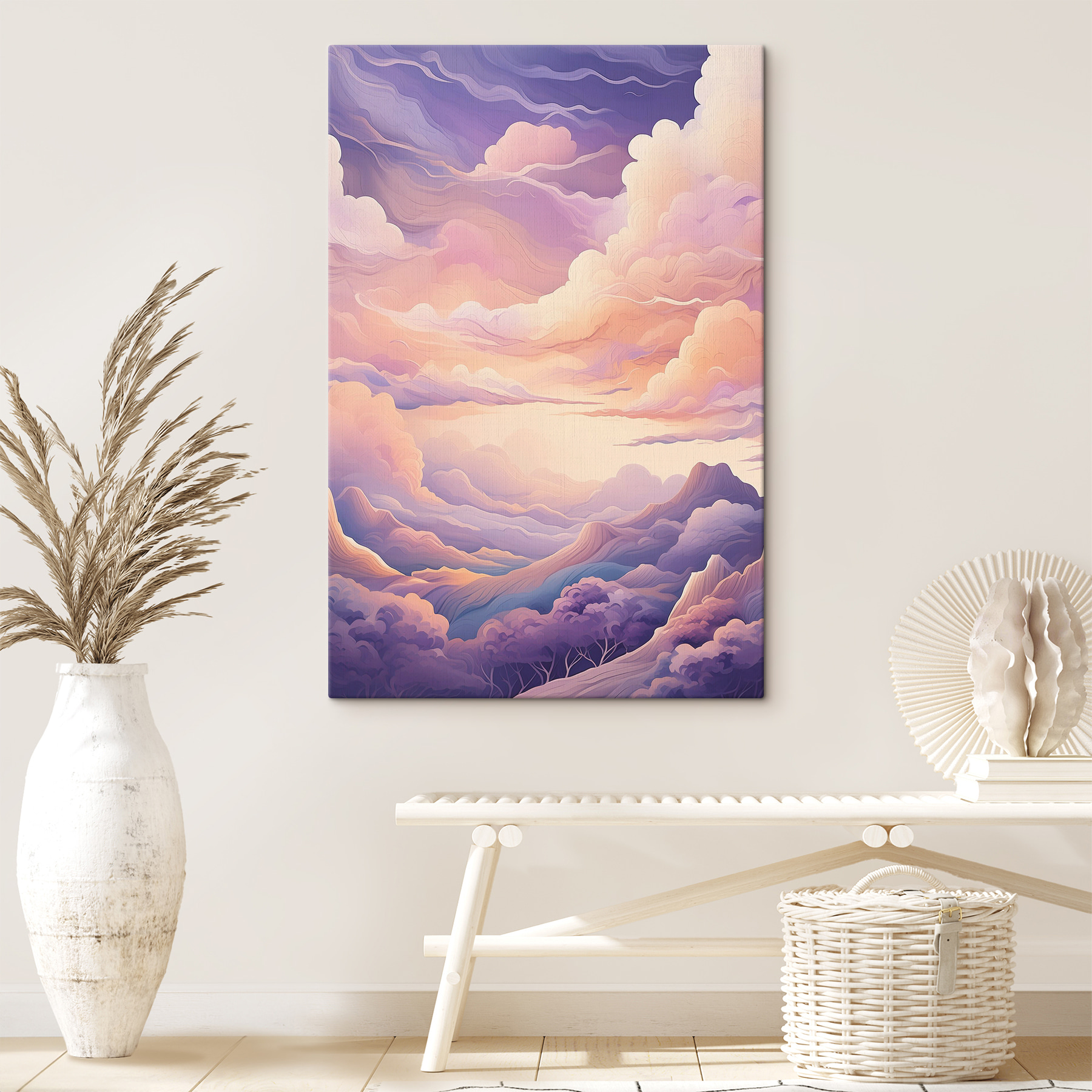 A painting of clouds and mountains