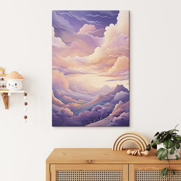 A painting of clouds and mountains