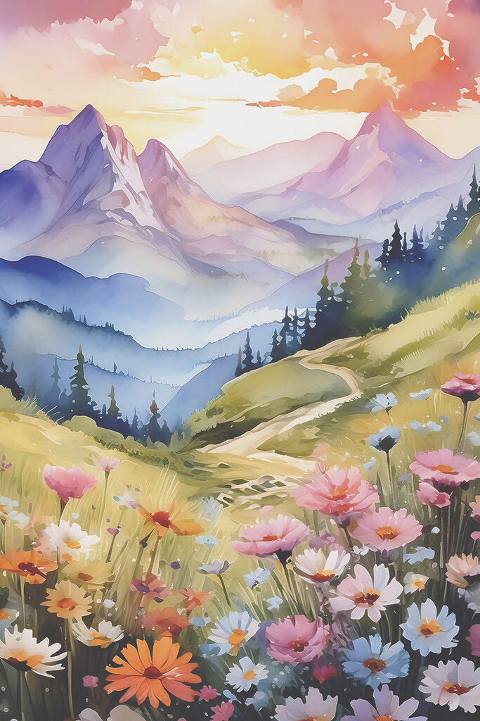 A painting of a mountain landscape with flowers and trees