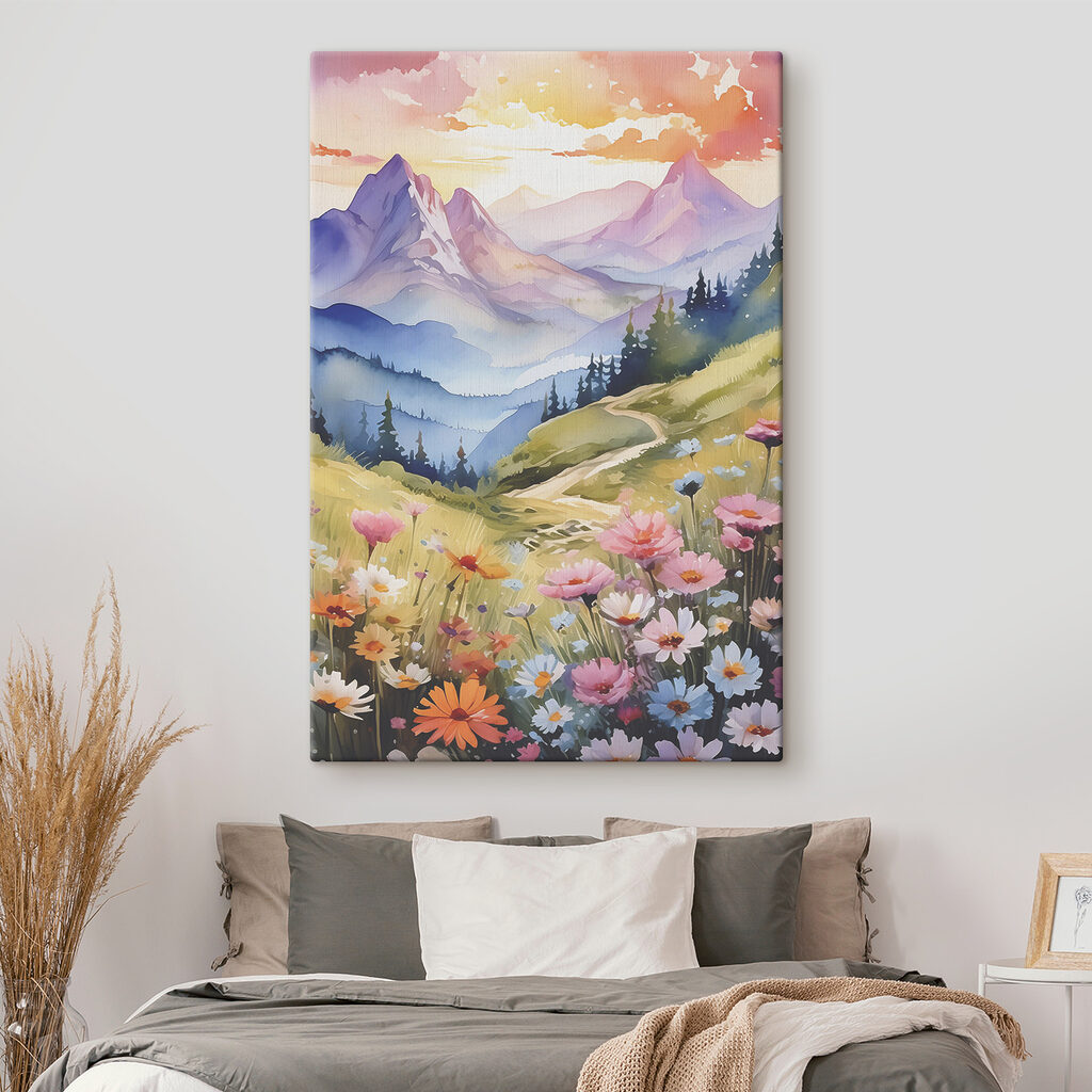 A painting of a mountain landscape with flowers and trees