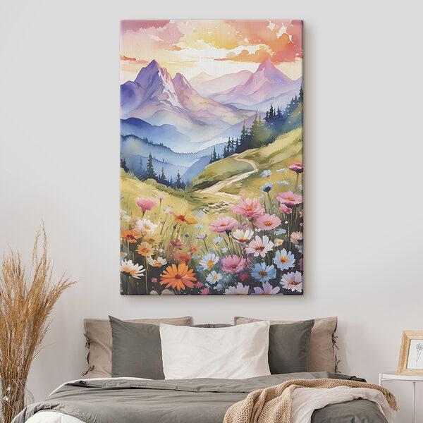Quadri Un dipinto raffigurante un paesaggio montano con fiori e alberi