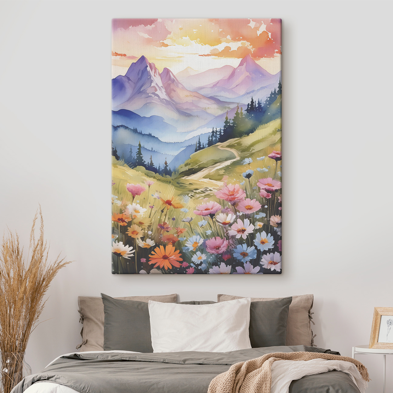 A painting of a mountain landscape with flowers and trees