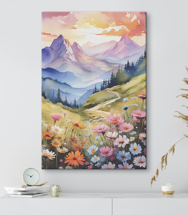 A painting of a mountain landscape with flowers and trees