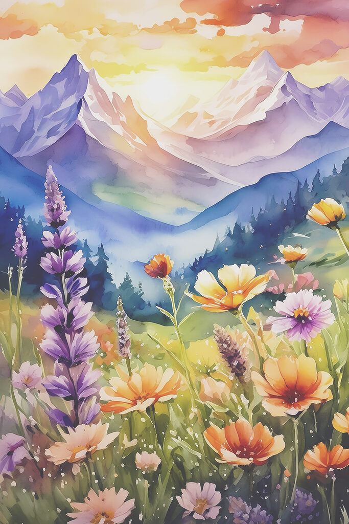 A painting of flowers in a mountain